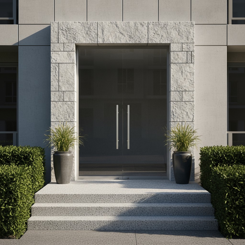 A modern entranceway with stone steps and two potted plants.
