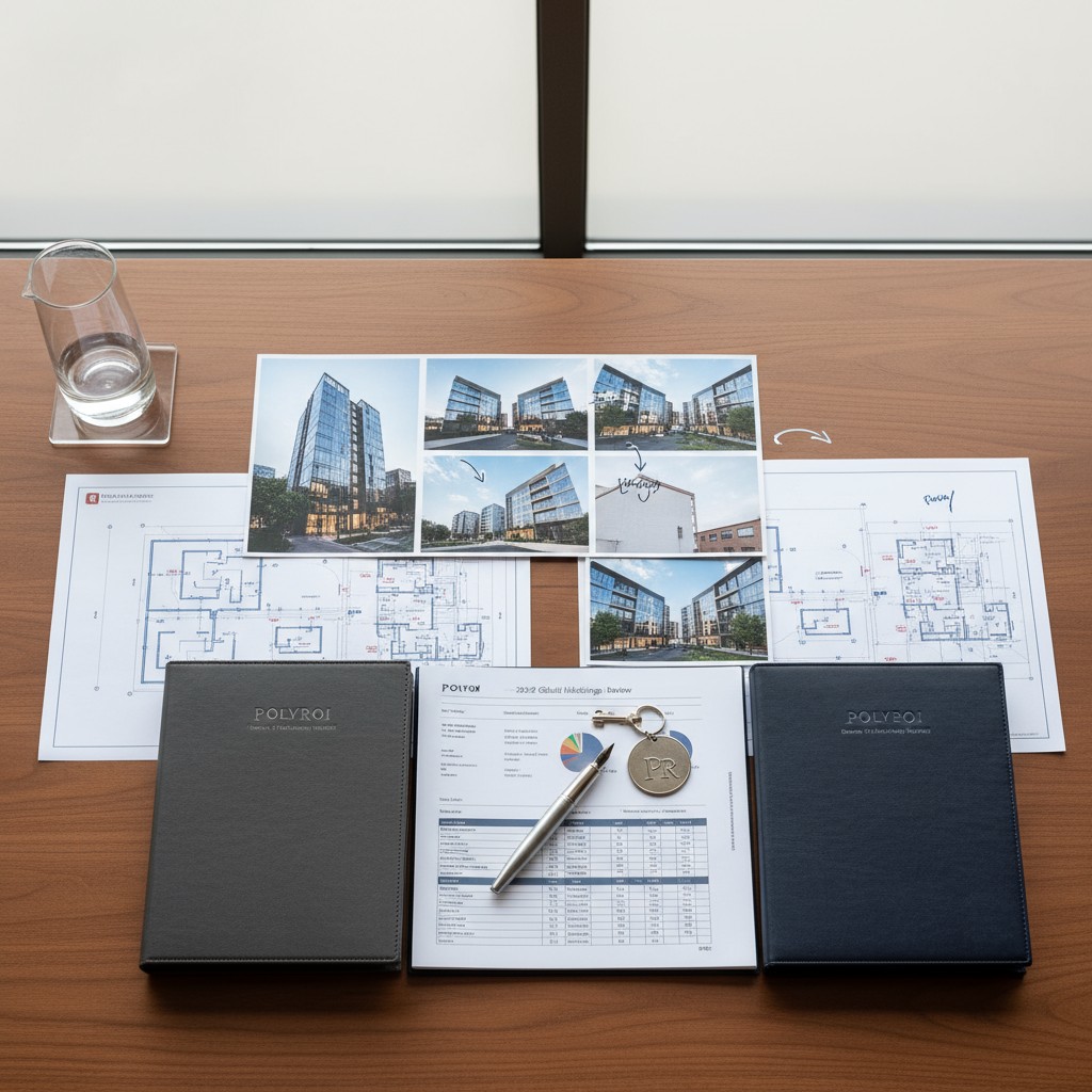Image: Office desk with papers, notebooks, pens and a cup of water on the wood-grained desk.