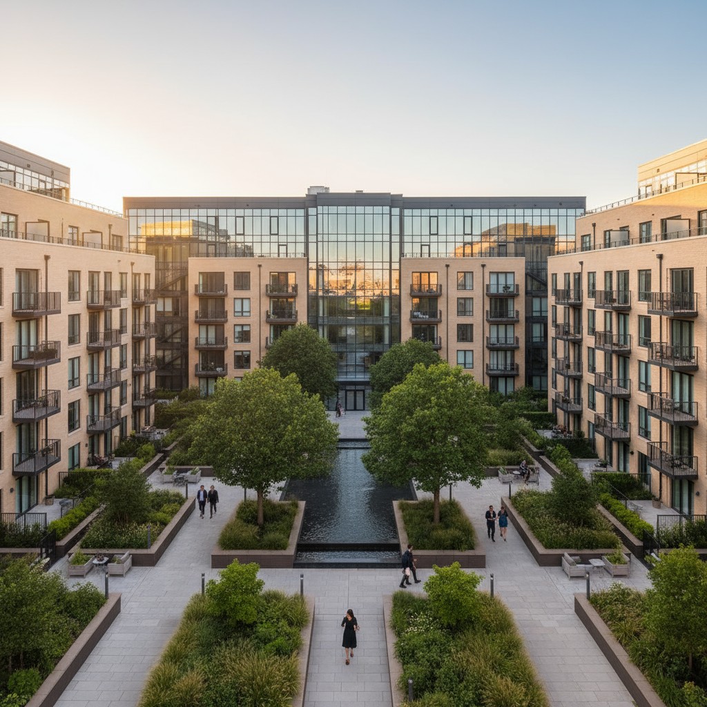 A well-manicured courtyard in front of a modern apartment building in an urban setting.