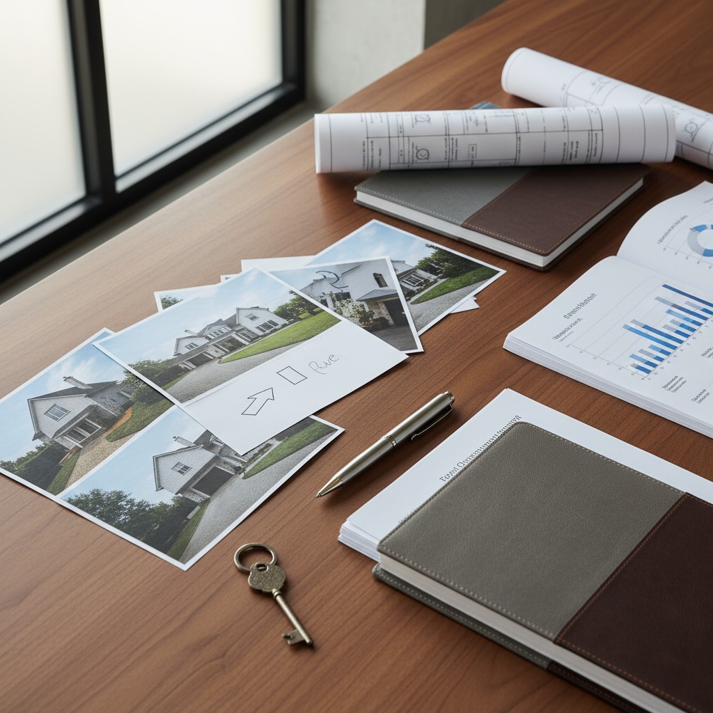 The image features a desk covered with house photos, notebooks, and real estate documents.