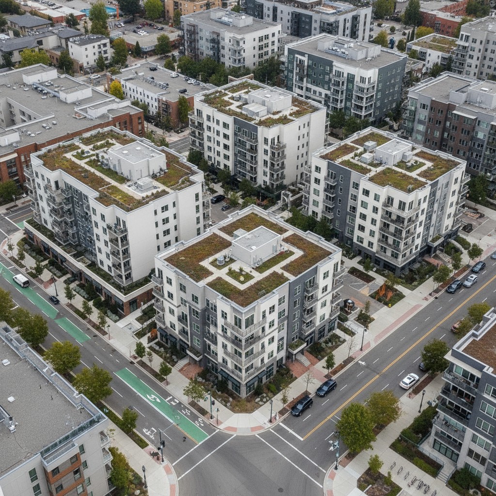 Aerial cityscape with multi-story apartments and green roofs.